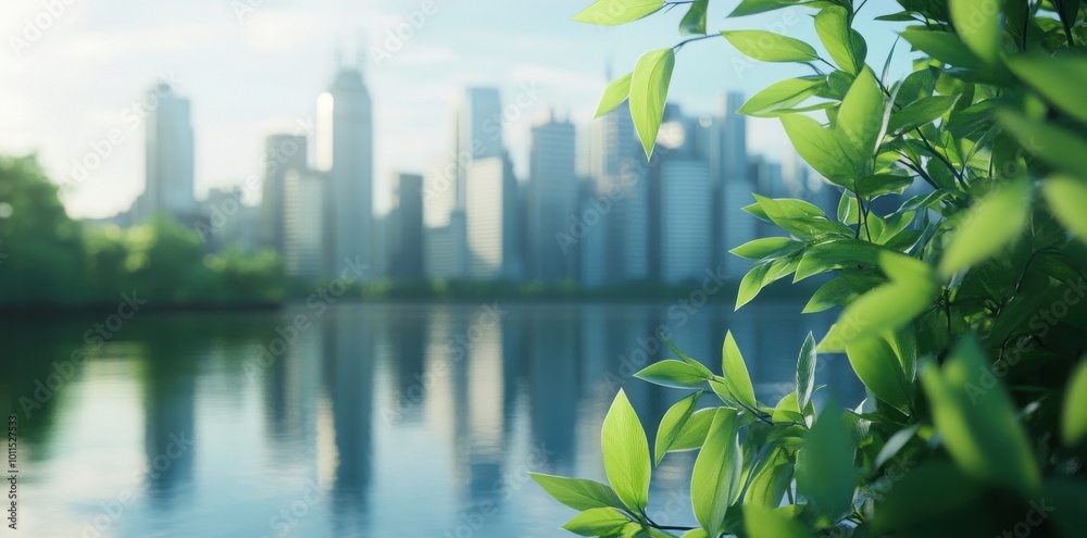 Beautiful green plants with a blurred city skyline in the background, a ...