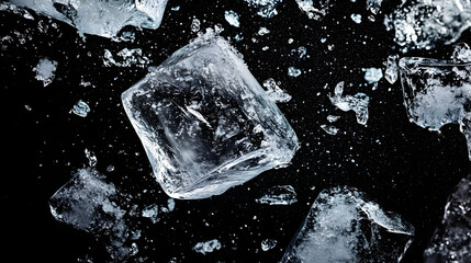 Wall Mural - Floating Broken Ice Particles on Black Background