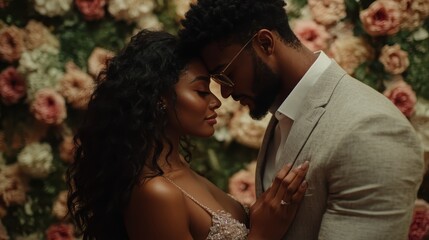 a loving couple embraces tenderly in front of a lush floral background, capturing a moment of romanc