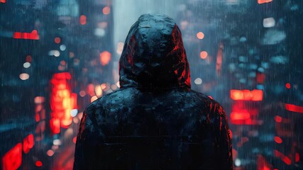 Aufkleber - A hooded man stands with his back to the viewer, observing a rainy cityscape illuminated by lights, creating a hacker or cybercriminal vibe