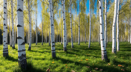 Birch grove full of tall trees on a sunny day, blue sky, grass is still green but leaves are starting to turn yellow, autumn is coming.