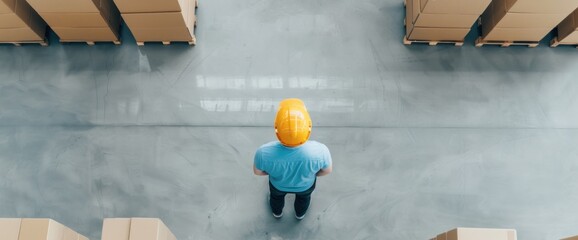 A man in a yellow helmet stands in front of a stack of boxes