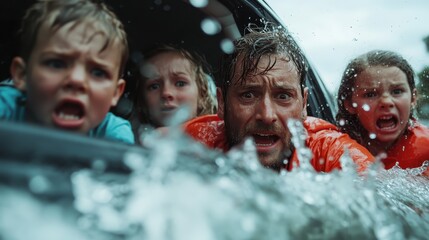 A family experiences a terrifying moment as they struggle to escape rising floodwaters inside a vehicle, highlighting danger and urgency in their expressions and surroundings.