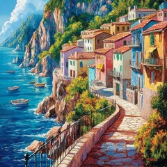 Sticker - A beautiful coastal village by the sea. Colorful houses line the rocky shore. The clear blue water reflects the vibrant buildings. This image captures serene seaside beauty and charm. AI