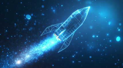 Poster - a sleek, digital rocket blasts off against a blue tech background. the rocket represents a powerful 