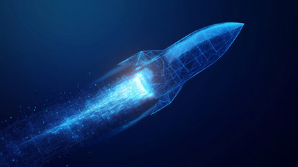 Poster - a sleek, digital rocket blasts off against a blue tech background. the rocket represents a powerful 