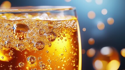 Poster - A detailed view of tiny soda bubbles clinging to the side of a glass, sparkling in the light.