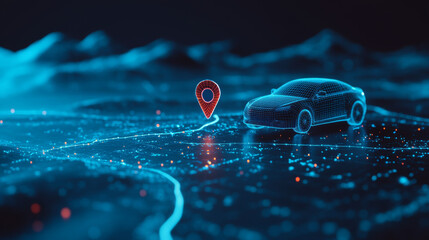Poster - A simple, 3D car drives out of a dark blue screen,representing navigation, location apps,or smart travel technology. The design uses abstract shapes for the car, phone, and map pin.low poly wireframe.
