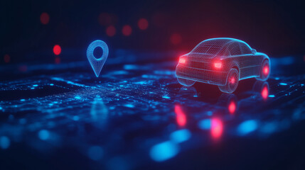 Poster - A simple, 3D car drives out of a dark blue screen,representing navigation, location apps,or smart travel technology. The design uses abstract shapes for the car, phone, and map pin.low poly wireframe.