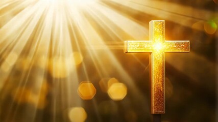 Poster - Golden cross with luminous rays in a warm background, spiritual symbolism and enlightenment concept