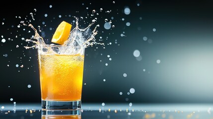 Poster - A fizzy splash of orange soda captured in a glass, with droplets suspended in motion.