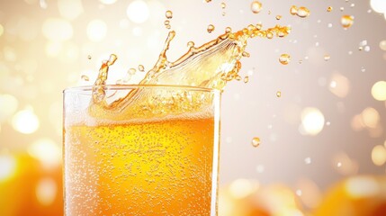 Poster - A fizzy splash of orange soda captured in a glass, with droplets suspended in motion.