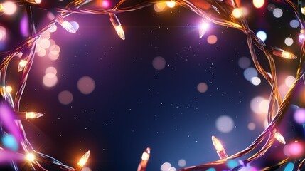 Poster - A frame made of glowing Christmas lights in multicolored strands, encircling a dark background with festive energy.