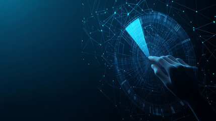 Poster - A hand reaches towards a pie chart, designed with blue and white lines,  against a dark blue background. This image represents analyzing business data in a modern, futuristic way.low poly wireframe.