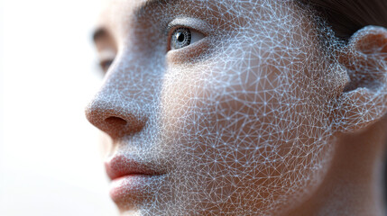 Poster - A 3D camera scans faces, creating a digital model made of points. This technology uses neural networks to identify people based on their unique facial features.low poly wireframe.