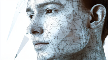 Poster - a 3d camera scans faces, creating a digital model made of points. this technology uses neural networ