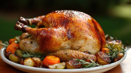 A whole roasted chicken fresh out of the oven, golden brown and juicy, surrounded by roasted vegetables and fragrant herbs, a hearty meal.