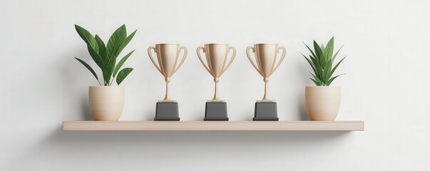 Three golden trophies displayed on a shelf with vibrant green plants, symbolizing achievement and success in a modern setting.