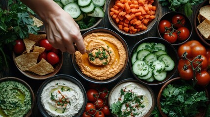 Sticker - An appetizing spread featuring an array of fresh vegetables and vibrant bowls of hummus, showcasing healthy and colorful dining options for a wholesome meal.