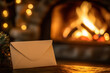 © 7707601 - Envelope with a letter to Santa Claus or an invitation on the background of a fireplace, Christmas Eve. Space for text, mock up.