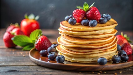 Pancakes with fresh berries on a plate, perfect breakfast meal