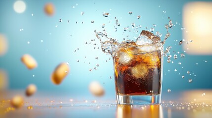 Poster - An action shot of soda spilling over the rim of a glass, with droplets and bubbles frozen in mid-air.