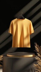 Wall Mural - Yellow T-shirt Mockup on Black Podium, Sunlight and Palm Leaves, Fashion Brand Apparel