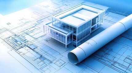 Poster - Close-up of an architectural blueprint, showcasing detailed plans for a modern office building with room layouts and dimensions.