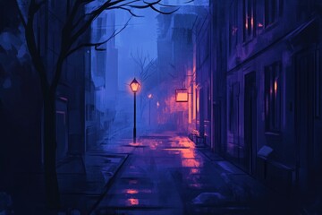 dark gloomy city street at night. background for crime. Evening landscape of city alley. Gloomy sidewalk is there in foggy weather. Night road without lights - generateive ai