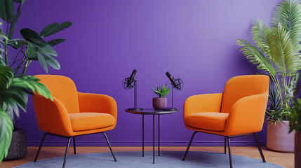 Two orange chairs facing each other with two microphones and a round table in front of a purple wall with potted plants.