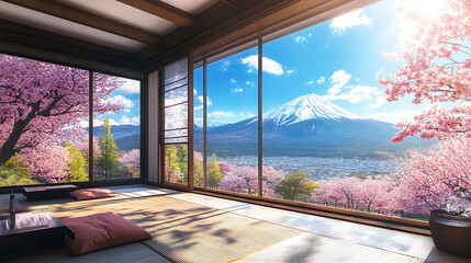 A traditional Japanese room with tatami mats and cherry blossoms in full bloom outside the window, overlooking Mount Fuji.