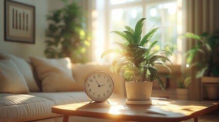 Poster - Cozy living room with a plant and clock, bathed in sunlight.