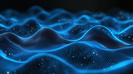 Poster - Abstract representation of flowing waves with glowing blue lines and particles.