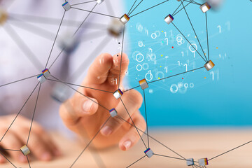 Fototapete - Digital cyberspace with particles and Digital data network connections concept.