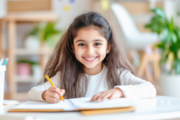 Wall Mural - cute indian schoolgirl sitting in classroom