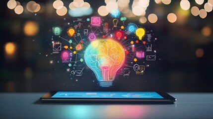 A glowing light bulb filled with colorful icons representing creativity and innovation above a tablet screen.