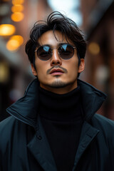 stylish man in black jacket and sunglasses on city street