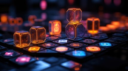 Poster - Futuristic game board with glowing cubes and symbols.