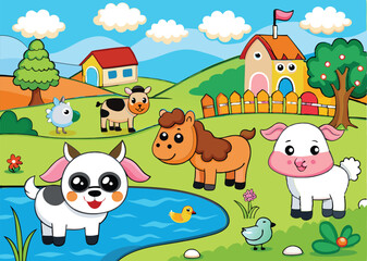 Wall Mural - Farm animals are enjoying nature by the river vector illustration.