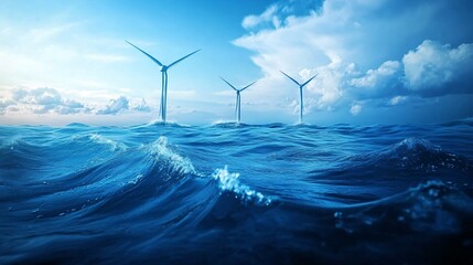 A stunning view of futuristic energy turbines standing tall in the ocean, surrounded by gentle waves and a vibrant blue sky. This image captures the essence of renewable energy in marine environments.