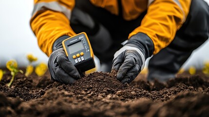 digital moisture meter inserted into soil sample, technician reading data, soil moisture test, groun