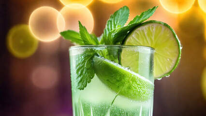 Glass with green drink and lime, blurred lights backdrop.