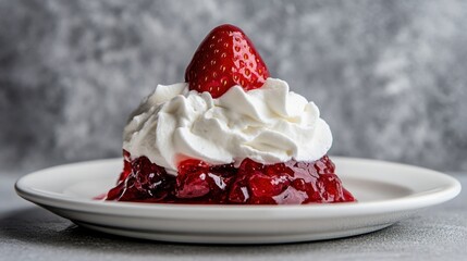 Delicious strawberry dessert with whipped cream on a white plate