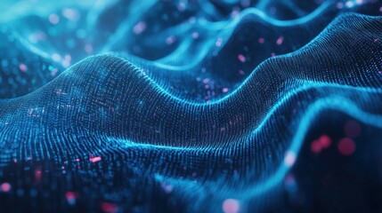 Poster - Abstract digital waves with glowing particles representing data flow and technology.