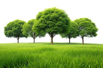 Close-up view of green grass and trees against white background