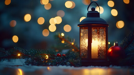 Poster - Christmas holiday background with glowing lantern. Merry Christmas and Happy New Year festive colorful composition. Xmas banner and holiday poster