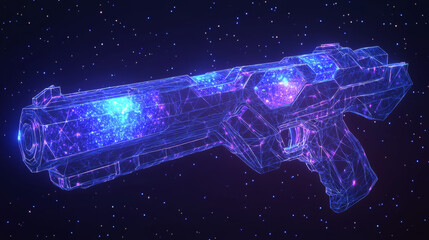 Poster - a futuristic shotgun design, looking like a starry sky. it's made of points, lines, and shapes that 