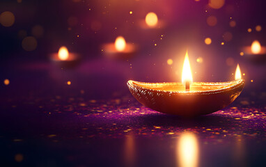 Poster - Happy Diwali Diya lamps lit during Diwali, Hindu festival of lights celebration. Diwali diya oil lamps holiday background. Creating a festive and decorative composition