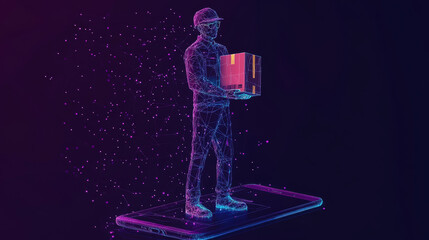 A delivery driver, shown as a simple digital outline, stands with a box in his hand. He's on a phone screen, representing the concept of online delivery services.low poly wireframe.