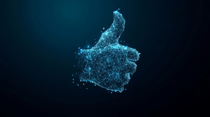 Poster - A hand with a thumbs-down gesture made of geometric shapes. It's a business concept, with tiny spheres forming from scattered pieces. It's a simple, blue design.low poly wireframe.
